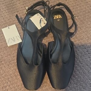 Zara Black Satin  Tstrap Sandals